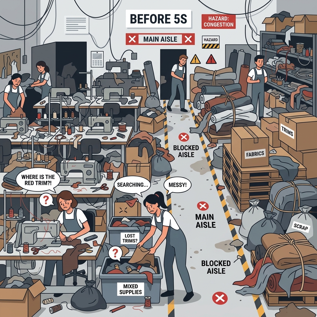 Before 5S Disorganized Apparel Plant Illustration