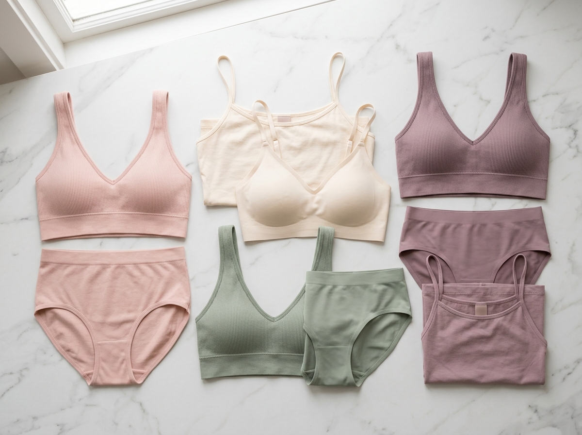 Curated collection of intimate apparel essentials, seamless bralettes, and soft cotton basics